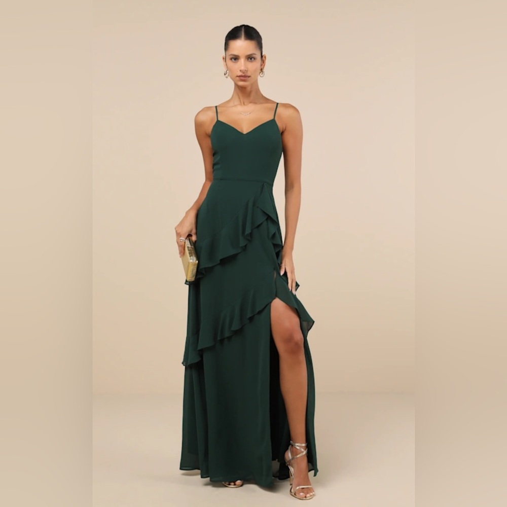 Lulus Elegant Forest Green Ruffle Maxi Dress